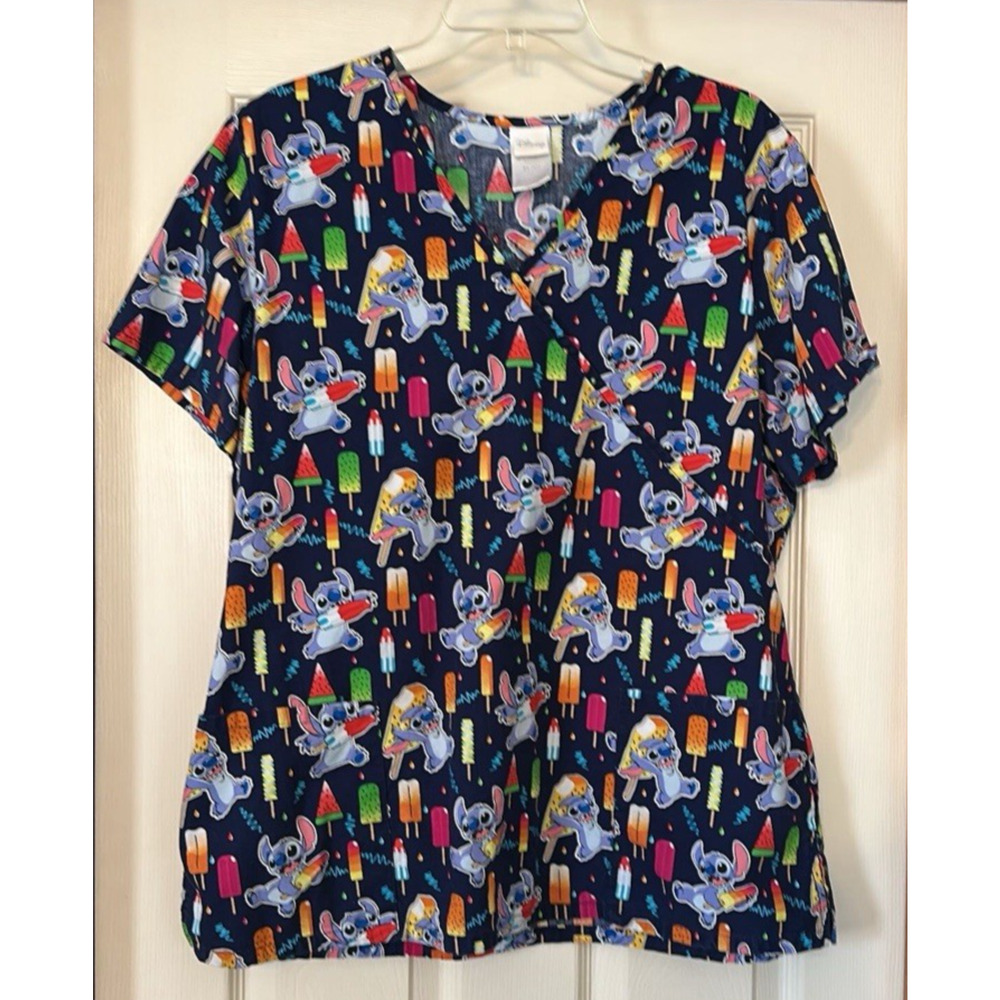 Disney Navy Blue V-Neck Tunic with Colorful Popsicle & Stitch Print